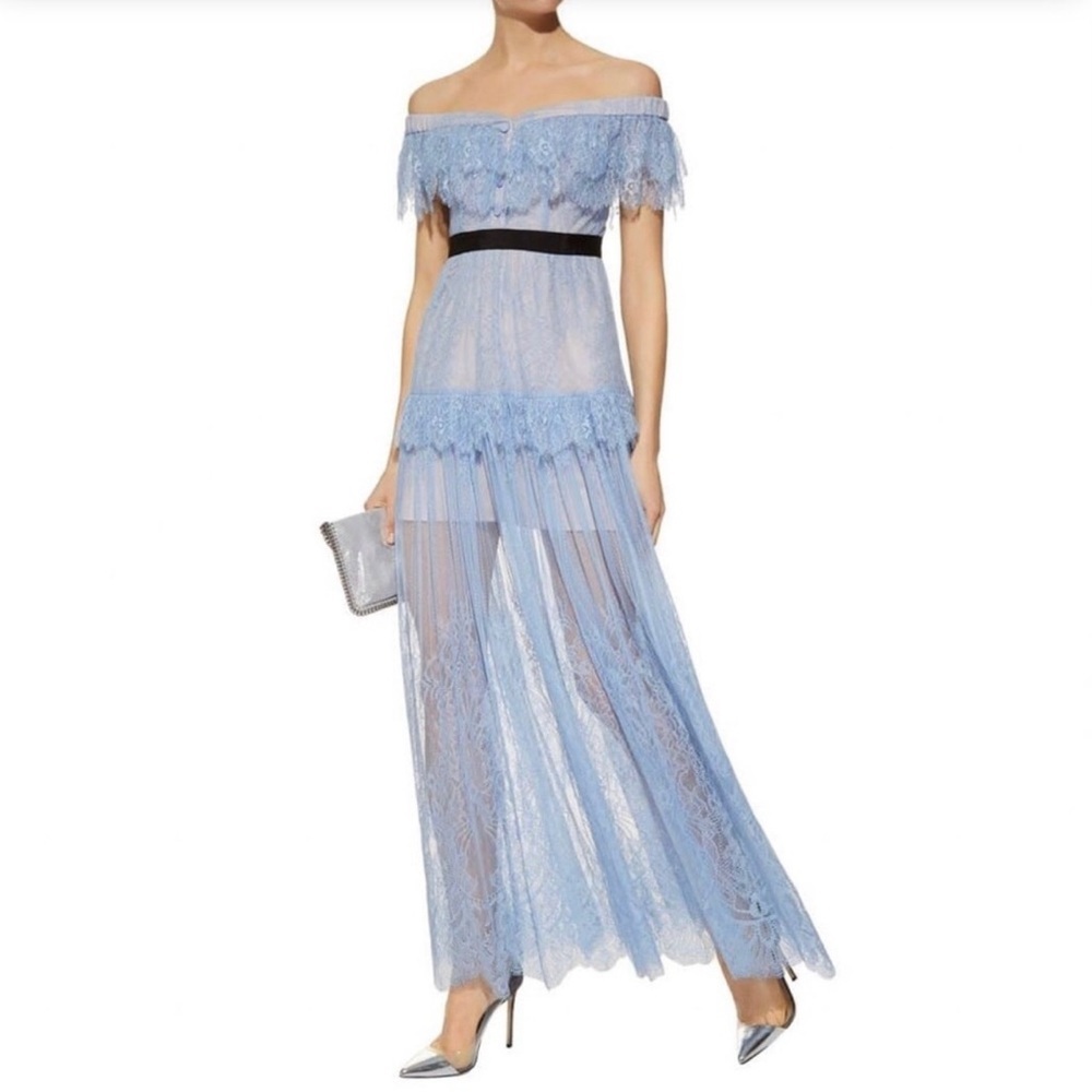 Ina Blue lace off the shoulder maxi dress nwt